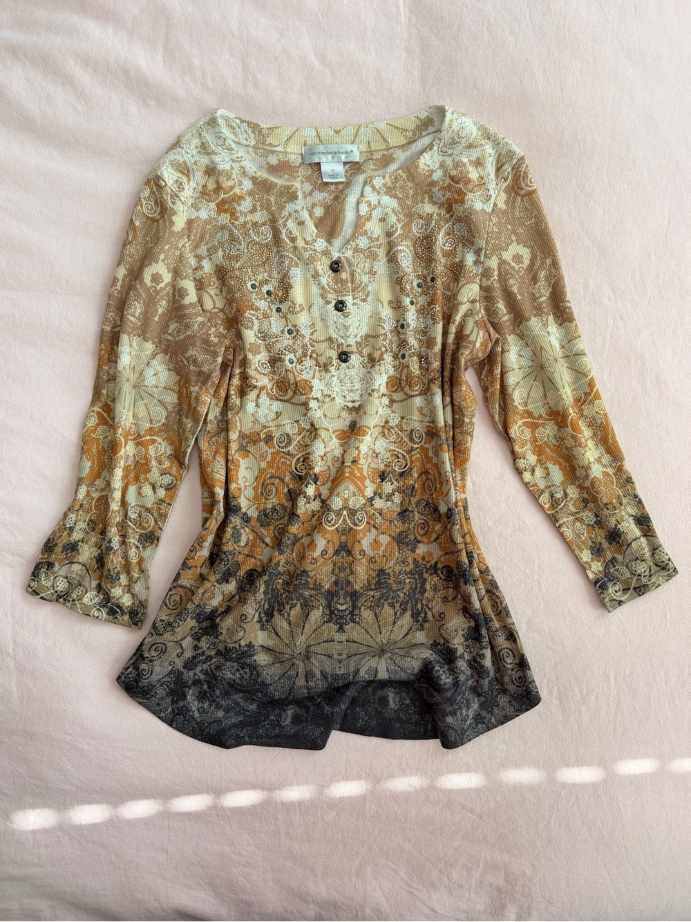 Christopher Banks Gold Floral Rhinestone Henley Top